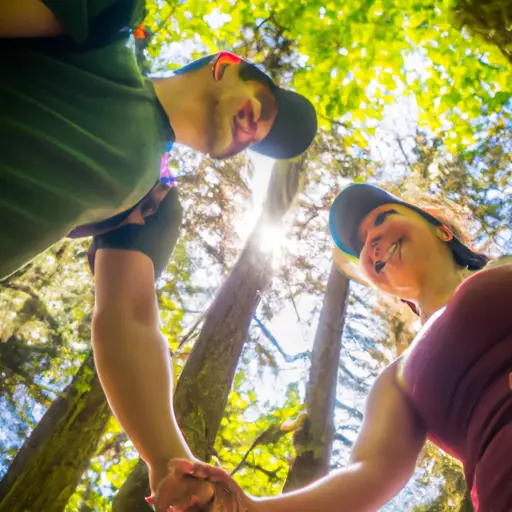 An image showcasing a couple hiking through a lush forest with towering trees, their hands intertwined