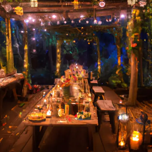 An image showcasing a candlelit dinner in a hidden forest clearing, surrounded by fairy lights and vibrant hanging lanterns