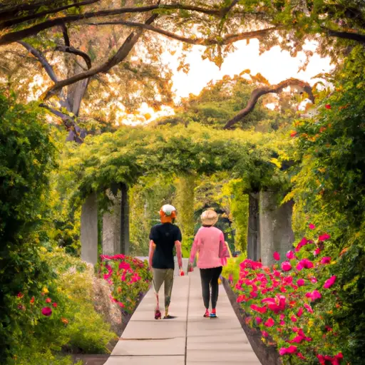 An image showcasing a couple strolling hand in hand through a vibrant botanical garden, surrounded by blooming flowers, enchanting pathways, and a picturesque sunset, capturing the essence of a perfect second date