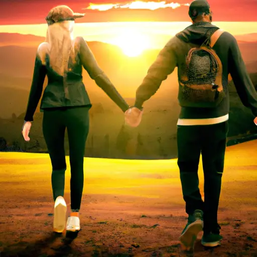 An image showcasing a couple holding hands while hiking towards a breathtaking sunset