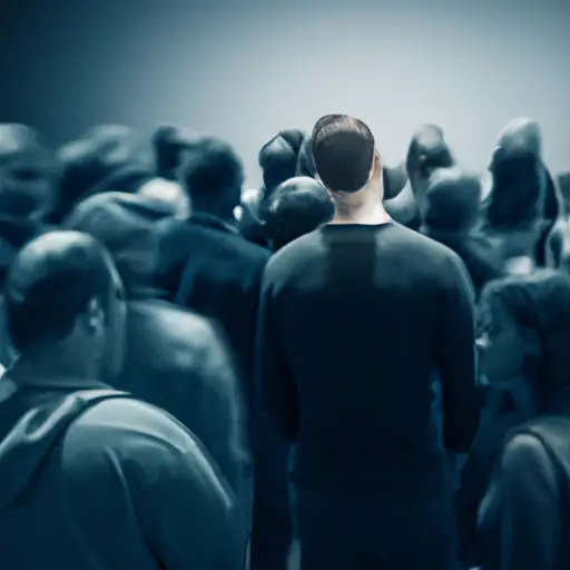 An image showing a person standing alone in a crowded room, their body turned away from others, shoulders hunched, with a subtle but visible gap forming around them as people instinctively avoid making eye contact or engaging in conversation