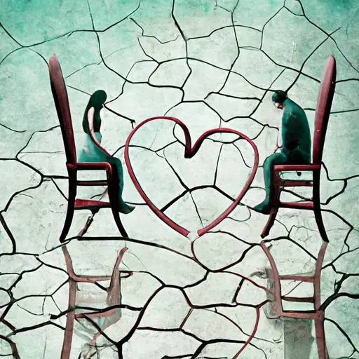 An image featuring a couple sitting on opposite ends of a cracked, heart-shaped chair