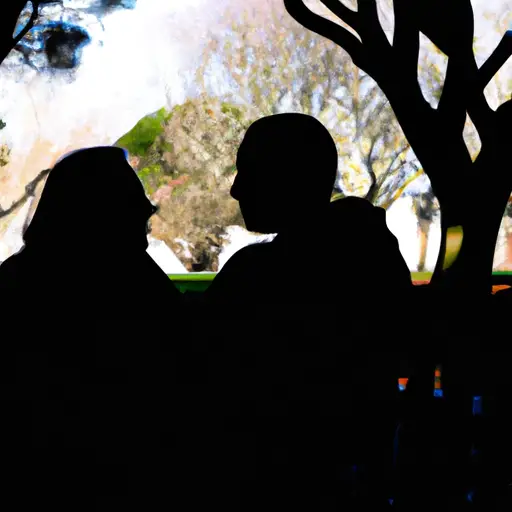  Create an image showcasing a couple sitting side by side on a park bench, their faces filled with longing gazes towards each other, while in the foreground, a shadowy silhouette of a third person casts a subtle but noticeable presence
