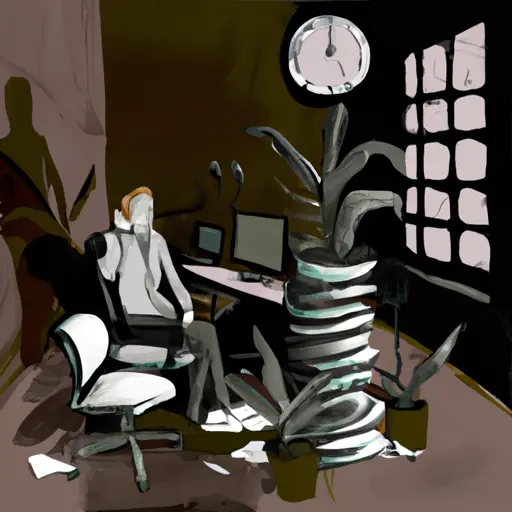 An image that depicts a desolate office space with dim lighting, broken chairs, and wilted plants