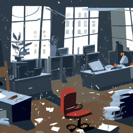 An image showcasing a desolate office space with dim lighting, broken windows, and wilted plants