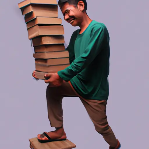 An image that captures the essence of trying too hard to be liked: a person wearing a forced smile while carrying a towering stack of books, struggling to balance under the weight of others' expectations