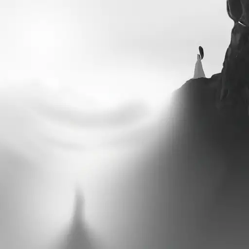 An image of a woman standing on a foggy cliff, her silhouette blending with the mist