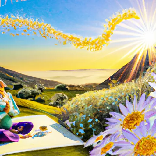 An image featuring a serene morning scene with a person practicing yoga on a grassy hill, surrounded by blooming flowers, sipping herbal tea, and basking in the gentle sunlight