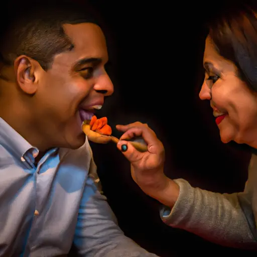 An image capturing a couple sharing a meal, with the man smiling genuinely as he willingly eats his partner's favorite dish, showcasing his commitment through his joyful sacrifice