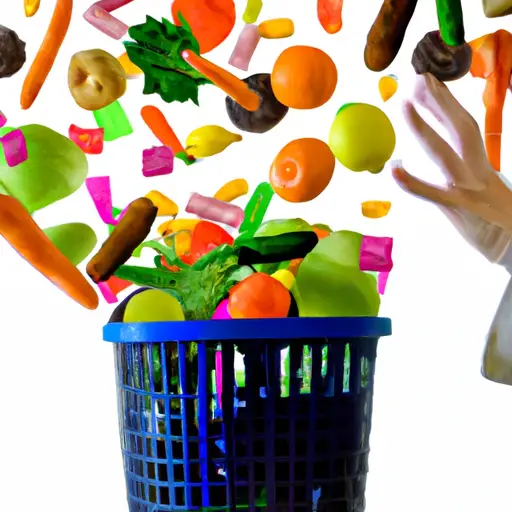 An image showcasing a person triumphantly tossing a basket filled with sugary treats into a wastebasket, while a bright, colorful array of fresh fruits and vegetables fills the foreground, symbolizing the start of a sugar detox diet