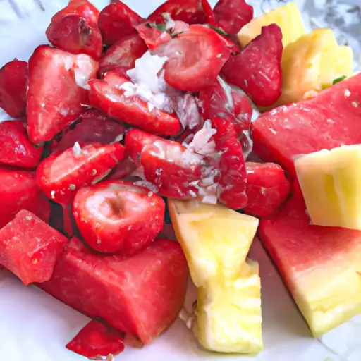 An image showcasing a colorful fruit platter with mouthwatering slices of watermelon, strawberries, and pineapple
