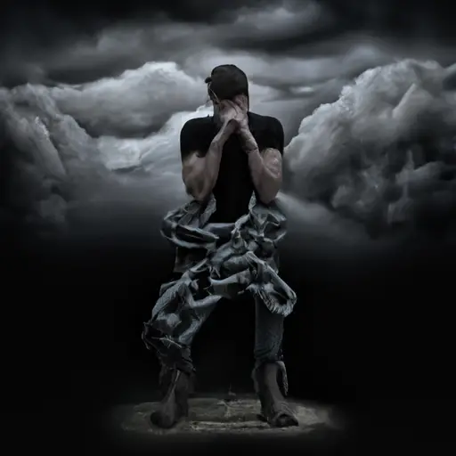 An image featuring a person surrounded by dark storm clouds, their face hidden in despair, while chains bind their hands and feet, symbolizing the unexpected triggers that worsen depression