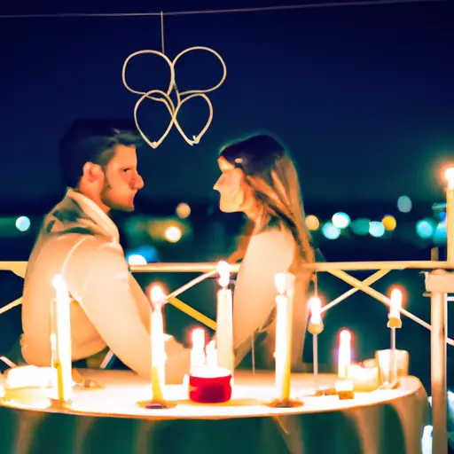 An image capturing the essence of romance in a new relationship: two lovers sharing a candlelit dinner on a rooftop terrace, surrounded by fairy lights, their eyes locked in a passionate gaze