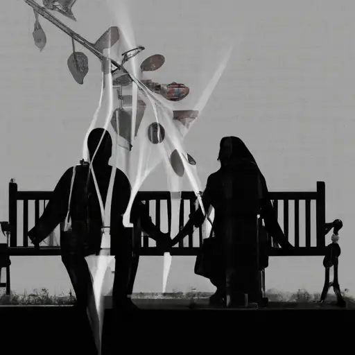 An image showcasing a couple sitting side by side on a park bench, gently holding hands, while their transparent silhouettes reveal the intricate layers of trust being built between them