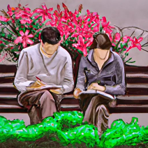 An image depicting a couple sitting on a park bench, engrossed in separate activities: one reading a book, the other sketching