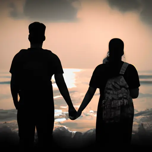 An image capturing two people, arms linked, strolling on a serene beach at sunset