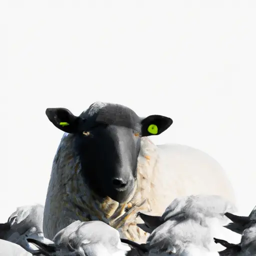 An image featuring a solitary sheep standing apart from a flock, emphasizing its unique black color against a white backdrop