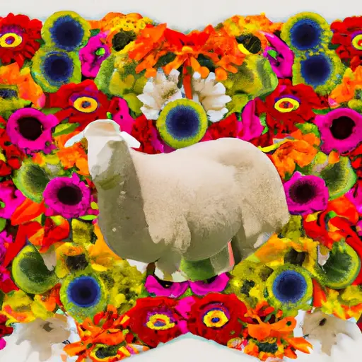 An image of a vibrant bouquet, bursting with an array of colorful flowers, standing tall amidst a flock of white sheep