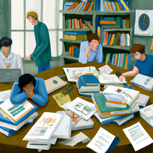 An image showcasing a diverse group of individuals engaged in intense brainstorming sessions, surrounded by stacks of books, research papers, and scientific charts, emphasizing the correlation between anxiety, high intelligence, and academic pursuit
