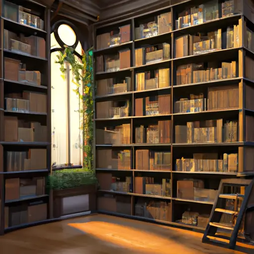 An image showcasing a serene, sunlit library with towering bookshelves filled with diverse topics