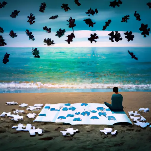 An image showcasing a calm, serene beach scene with a person sitting cross-legged on the shore, engrossed in a book, surrounded by scattered puzzle pieces, symbolizing the correlation between anxiety, intelligence, and effective management
