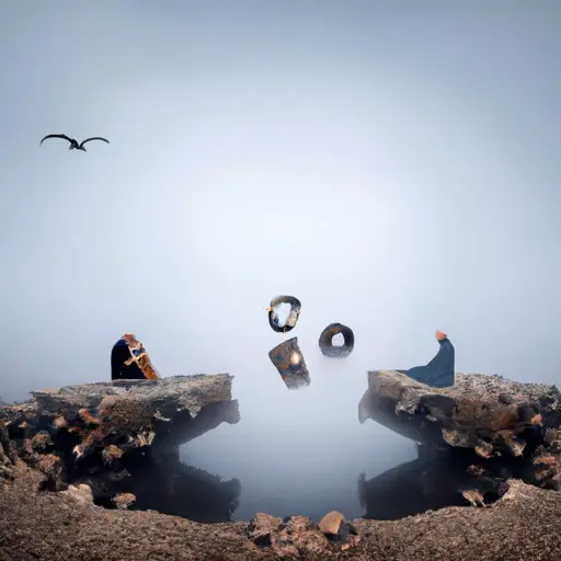 An image of a couple sitting on opposite ends of a broken bridge, their wedding rings discarded on the ground, as a dense fog surrounds them, symbolizing the communication breakdown and emotional distance destroying their marriage