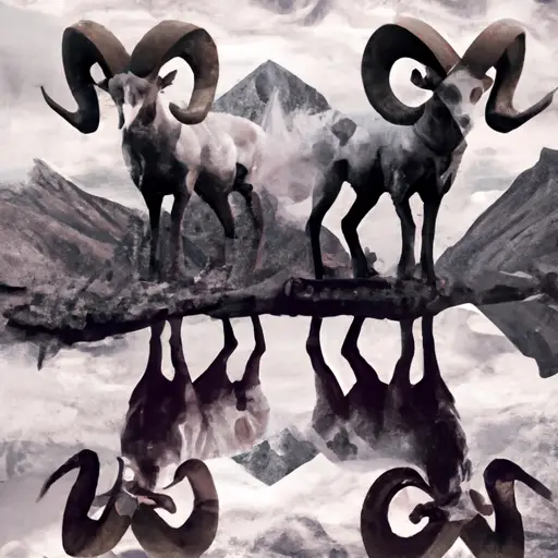 An image showcasing an Aries, standing tall atop a mountain peak, their confident gaze fixated on their reflection in a mirrored pool beneath them, exuding an air of power, dominance, and self-obsession