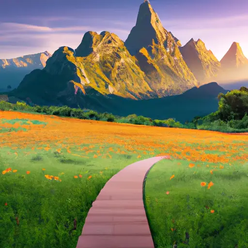An image capturing a serene garden bathed in golden sunlight, with a small path leading towards a majestic mountain peak