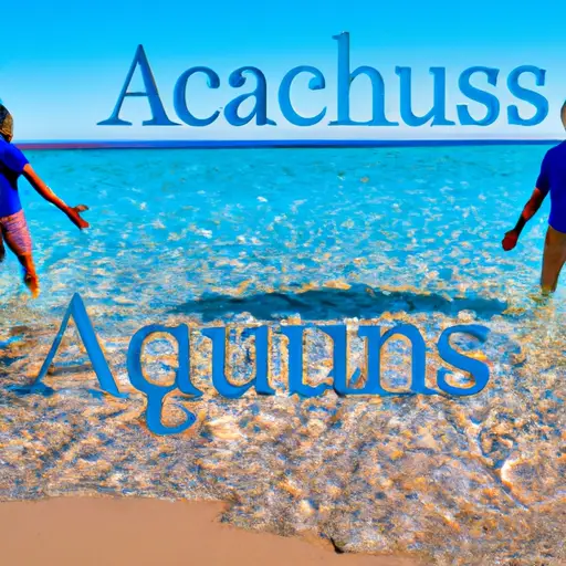 An image featuring a serene beach with crystal clear water, where two Aquarius individuals are joyfully helping a group of diverse people, symbolizing their compatibility and humanitarian nature