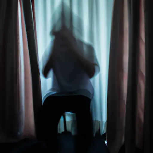An image showcasing a dimly lit room, with heavy curtains drawn, casting shadows on a person hunched over, their silhouette gradually morphing into a menacing cloud, symbolizing the invisible grip of depression