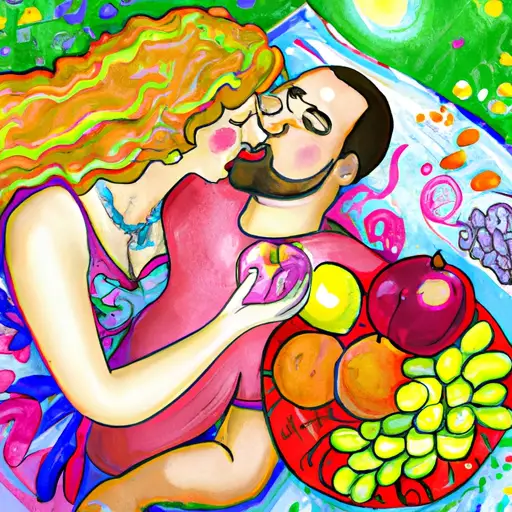 An image depicting a vibrant couple engaged in a picnic on a sun-kissed meadow, overflowing with laughter, as they lovingly feed each other colorful fruits and enjoy a harmonious moment of blissful connection