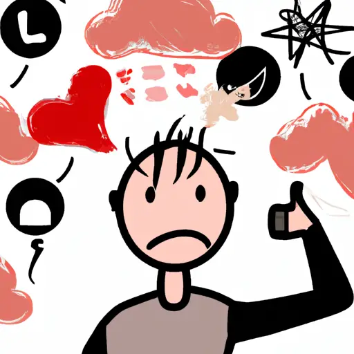 An image of a person surrounded by a cloud of negative symbols, such as crossed-out hearts, thumbs down, and frowning faces