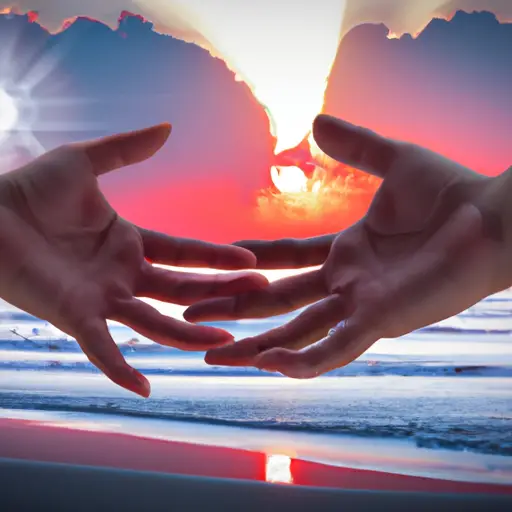 An image showcasing a serene beach at sunrise, with a Virgo man and Scorpio woman embracing, their hands entwined, symbolizing their deep emotional connection and harmonious compatibility in love and life
