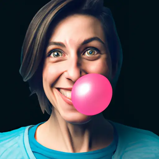 An image of a woman with a mischievous smile, playfully blowing a bubblegum bubble with vibrant colors