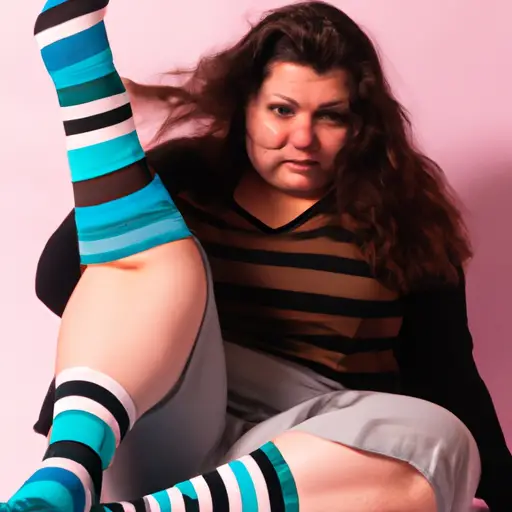 An image of a woman with vibrant, mismatched socks, a quirky smile, and a hint of untamed hair