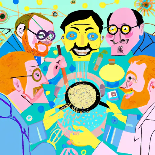 An image featuring a quirky, colorful laboratory setting with a group of male scientists surrounded by peculiar objects like a petri dish full of laughter, a beaker of confidence, and a microscope analyzing kindness
