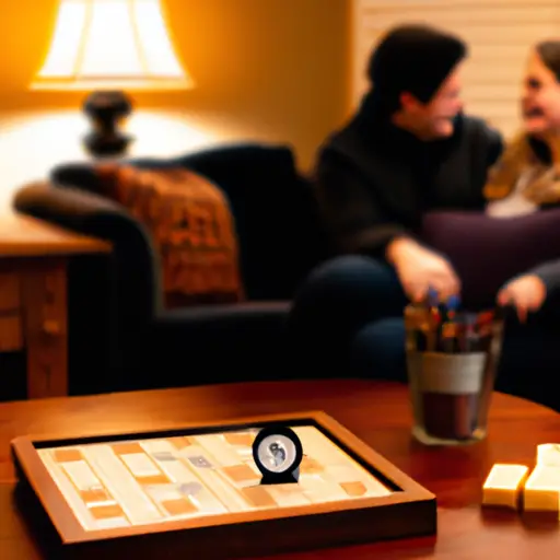 An image capturing a cozy living room scene, with a couple engrossed in a board game, laughing and maintaining intense eye contact