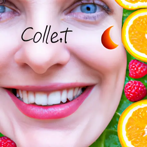 An image that showcases a close-up of a smiling face with prominent dimples, surrounded by a background of vibrant fruits and vegetables that are known to enhance collagen production, such as oranges, berries, and leafy greens