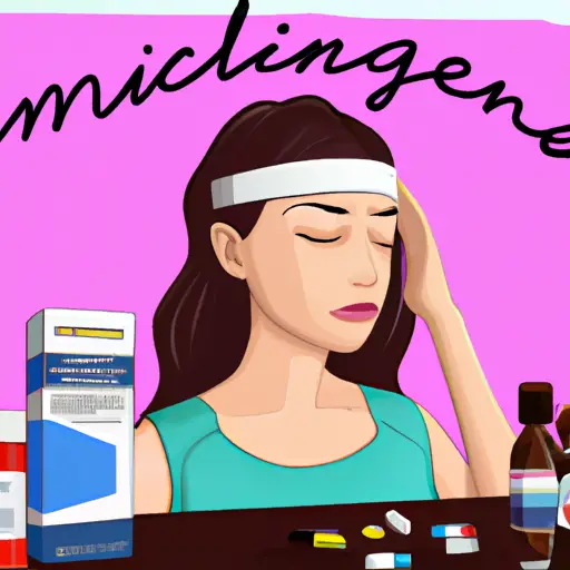 An image showcasing a woman finding relief from her migraine, surrounded by various medications commonly used for treatment