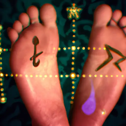 An image focusing on a person's right foot, surrounded by mystical symbols and shimmering energy