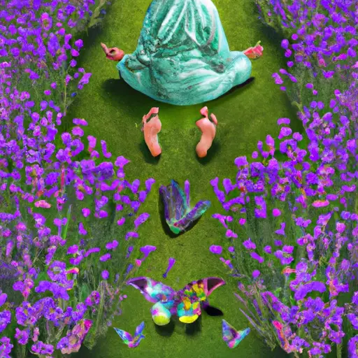 An image depicting a serene scene of a person meditating on a lush green field, gently rubbing their right foot with a soothing lavender oil, surrounded by vibrant flowers and butterflies