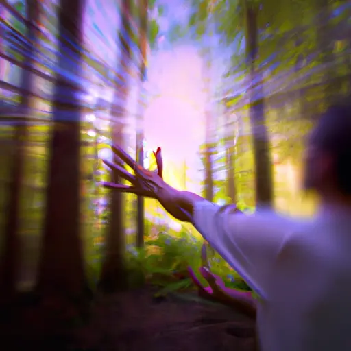 An image showcasing a serene forest scene with a person surrounded by vibrant energy flow