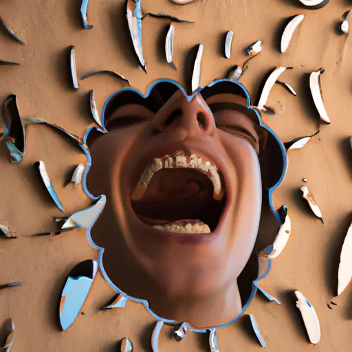 An image featuring a person standing in front of a shattered mirror, reflecting their open mouth filled with teeth slowly disintegrating into sand, emphasizing the symbolic meanings of teeth in dreams