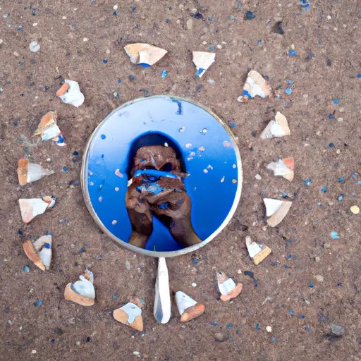 An image of a person holding a broken mirror, reflecting fragments of their own teeth scattered on the ground