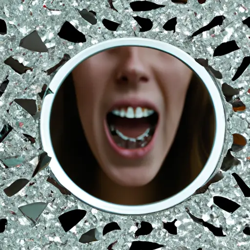 An image of a person standing in front of a shattered mirror, surrounded by fragments of teeth scattered on the ground