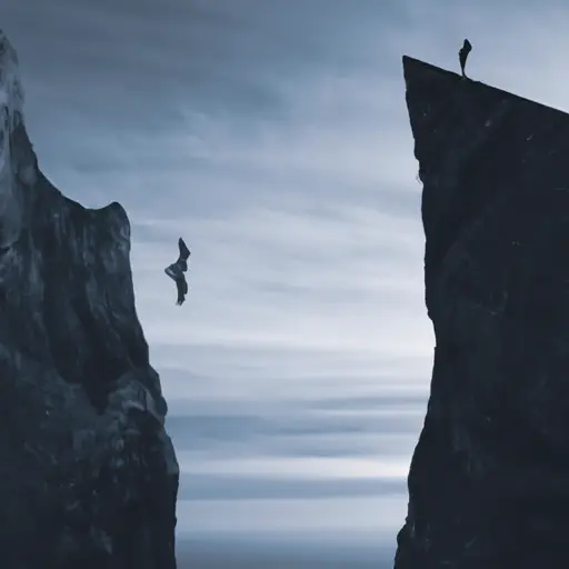 An image of a person standing at the edge of a cliff, hesitating to take a leap into a vast, unknown abyss