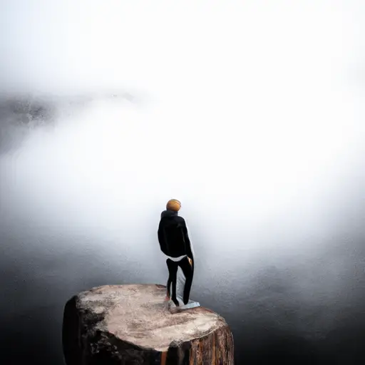  Create an image depicting a person standing at the edge of a vast, fog-covered abyss, hesitating to take a step forward
