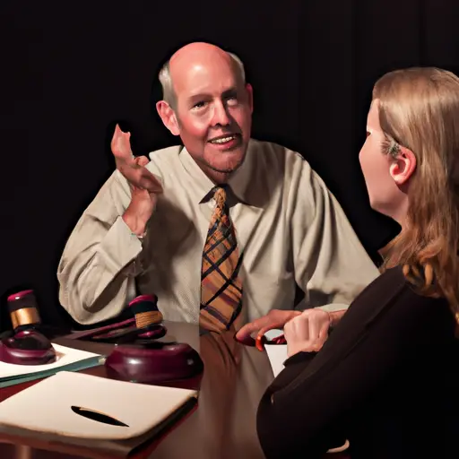 An image featuring a person sitting with a lawyer in a well-lit office, engaged in a serious conversation