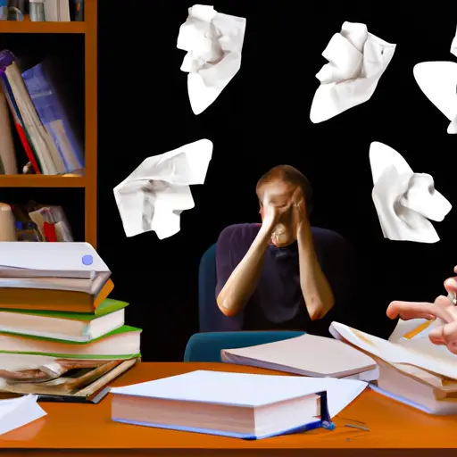 An image depicting a distressed individual sitting alone at a desk, surrounded by scattered papers and open textbooks