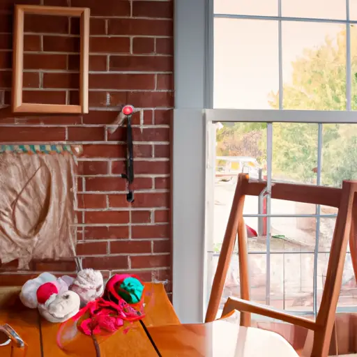An image showcasing a cozy living room with a DIY project in progress: A handmade macrame wall hanging drapes elegantly against a brick wall, while a toolbox filled with colorful yarn, scissors, and a wooden hoop sits on a rustic coffee table nearby